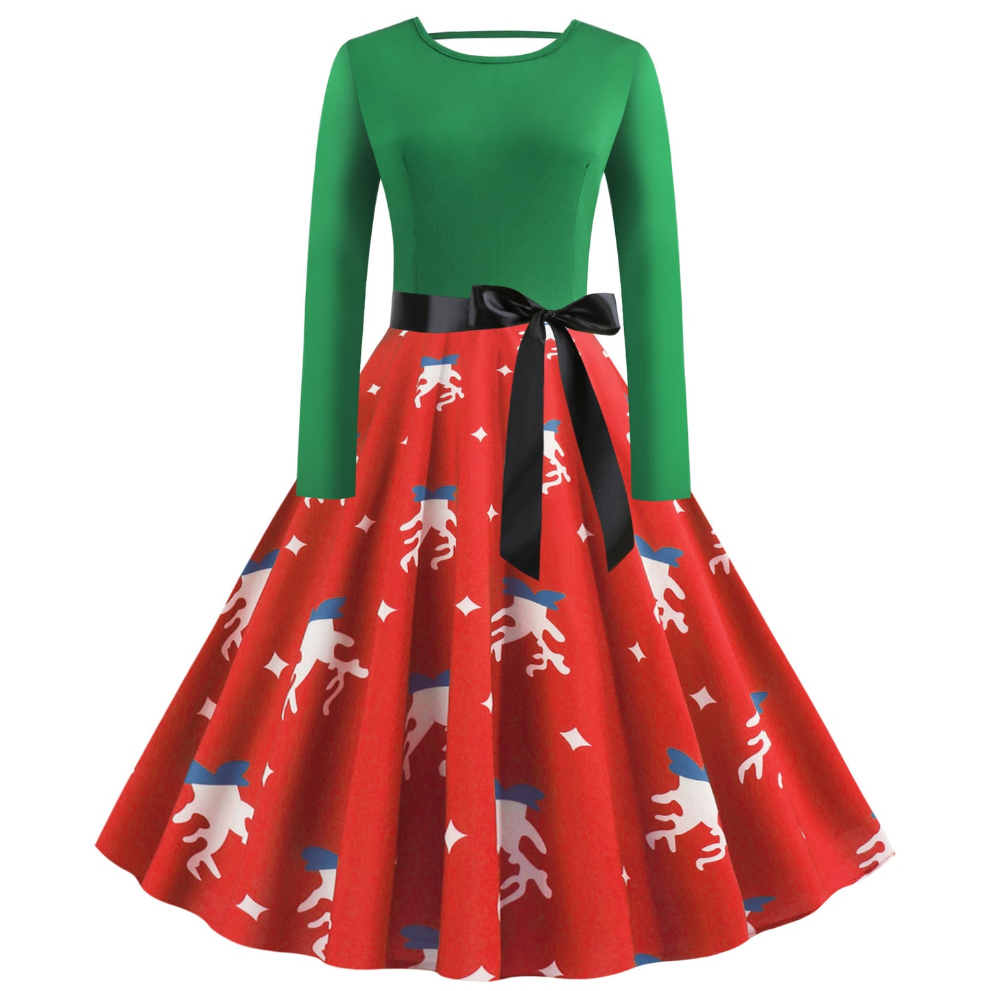 Christmas print lace long sleeve dress