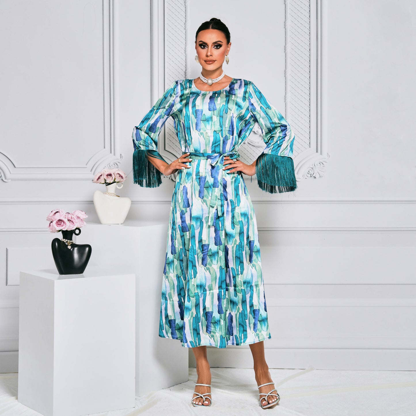 Long Pattern Long Sleeve Waist Trimming Printing Dress