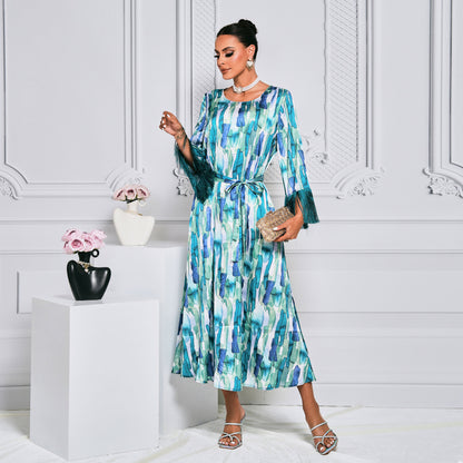 Long Pattern Long Sleeve Waist Trimming Printing Dress