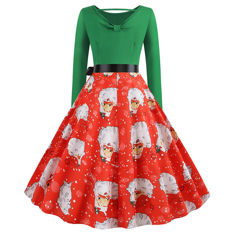 Christmas print lace long sleeve dress