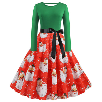 Christmas print lace long sleeve dress