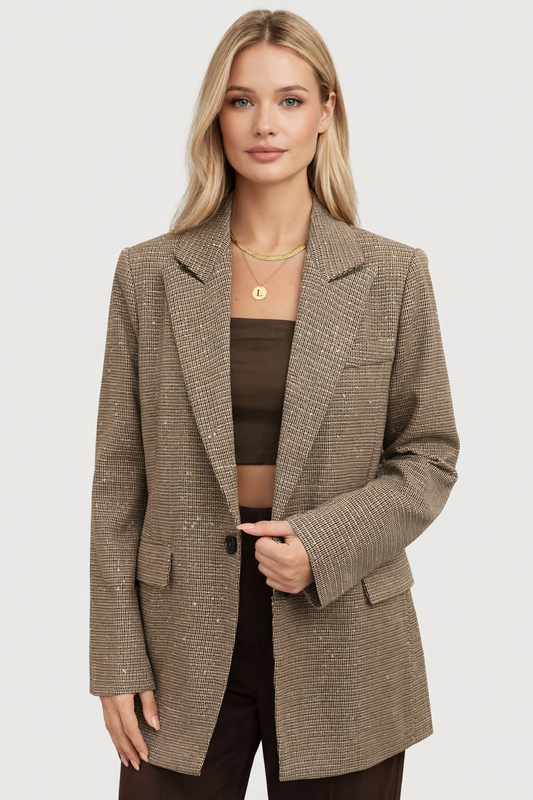 Taupe Houndstooth Blazer with Subtle Sparkle