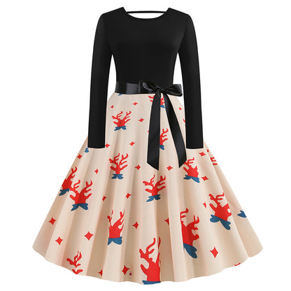 Christmas print lace long sleeve dress