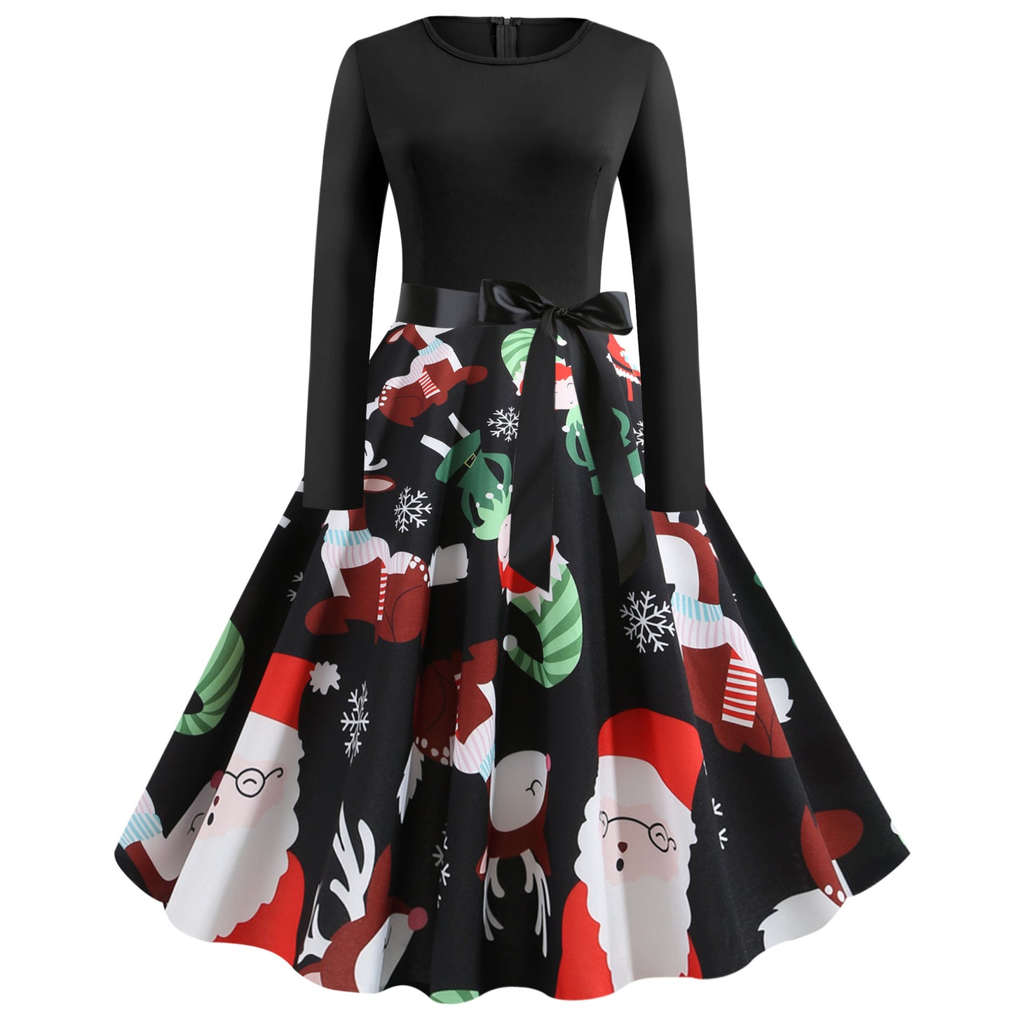 Christmas print lace long sleeve dress