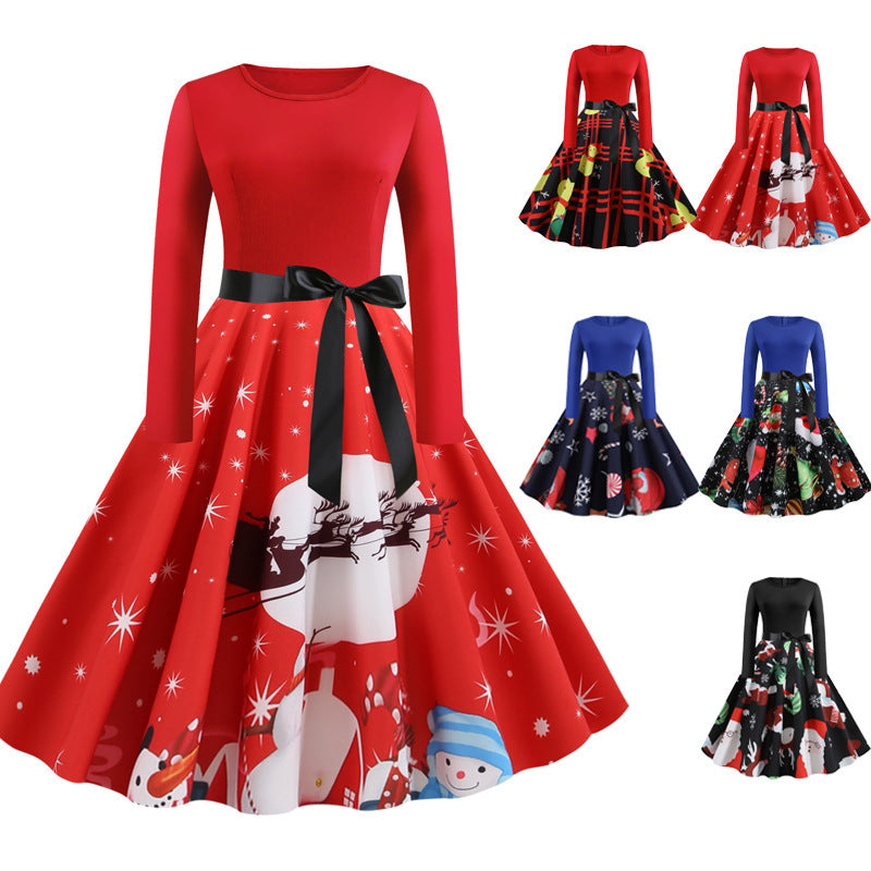 Christmas print lace long sleeve dress