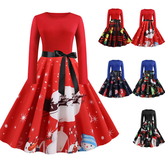 Christmas print lace long sleeve dress