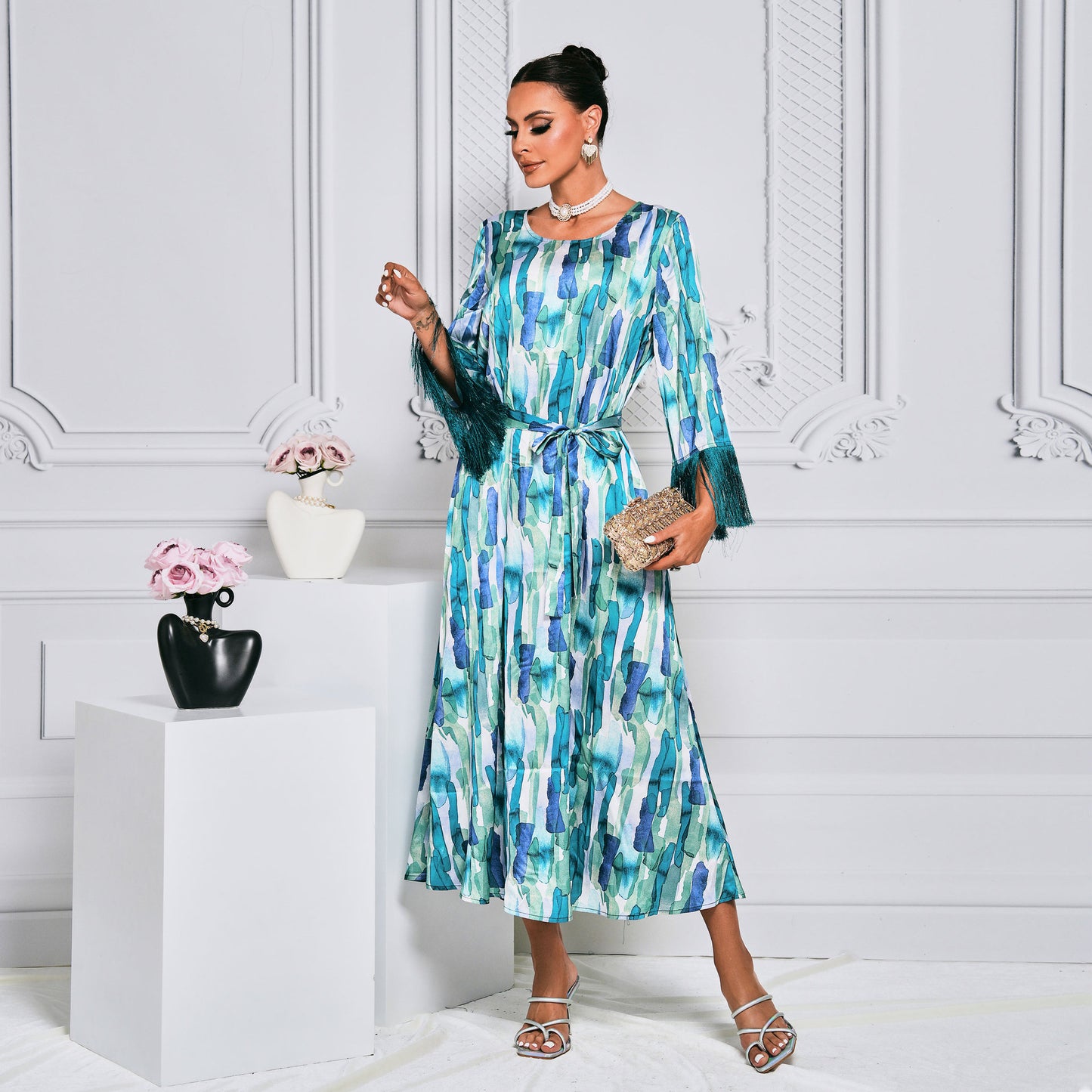 Long Pattern Long Sleeve Waist Trimming Printing Dress