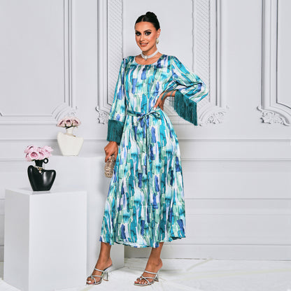 Long Pattern Long Sleeve Waist Trimming Printing Dress