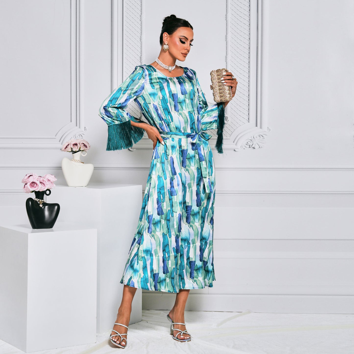 Long Pattern Long Sleeve Waist Trimming Printing Dress