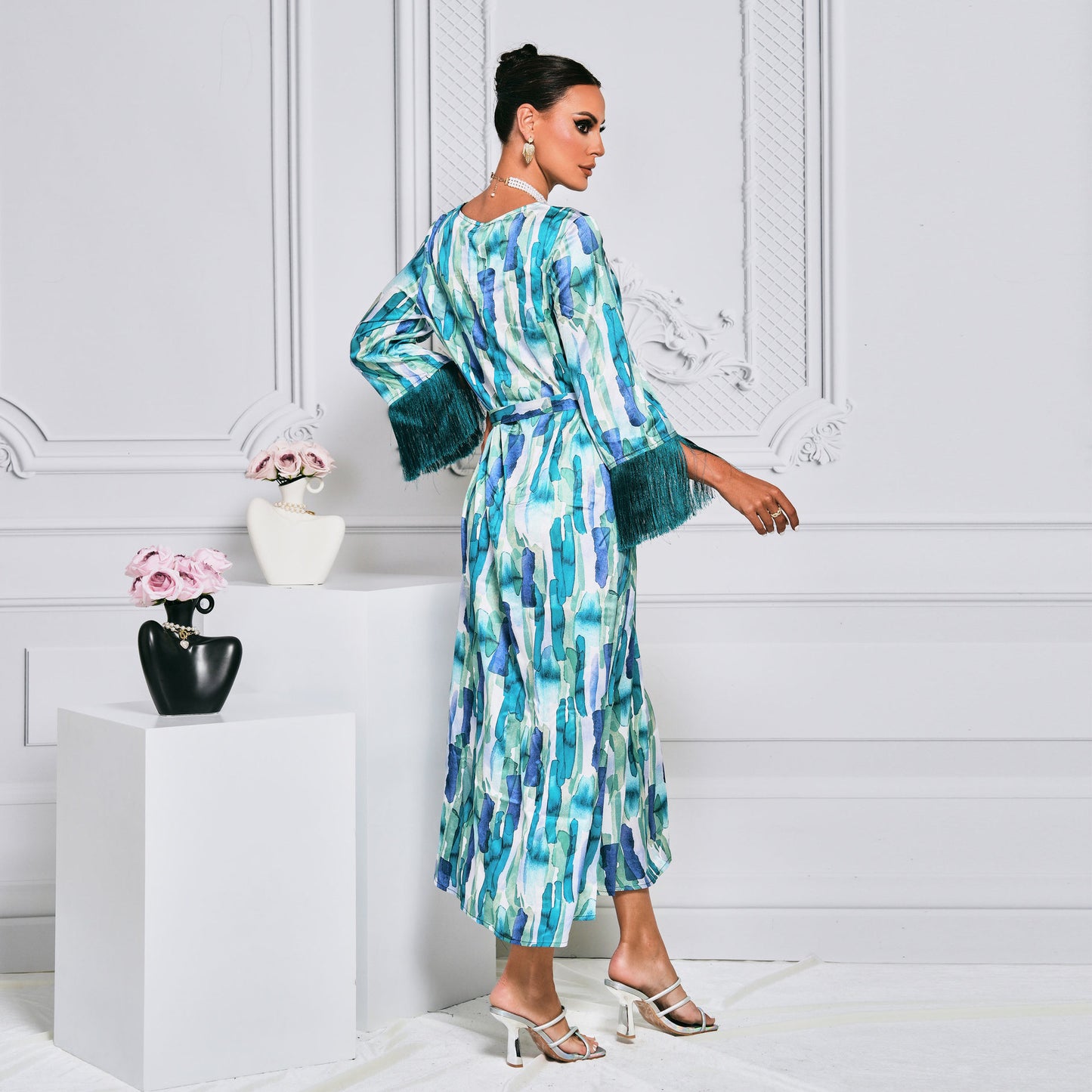 Long Pattern Long Sleeve Waist Trimming Printing Dress