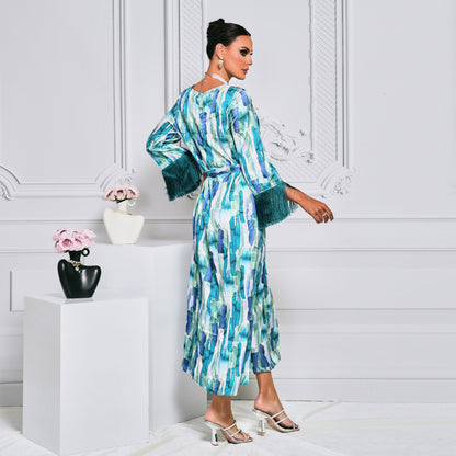 Long Pattern Long Sleeve Waist Trimming Printing Dress